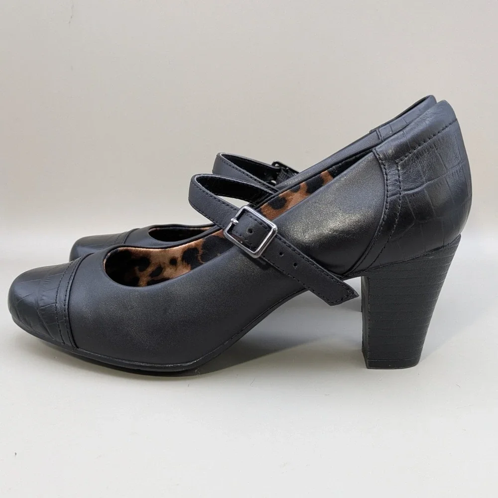 Clarks Bendables Black Leather Mary Jane Block Heel Pumps Croc Embossed Size 7M